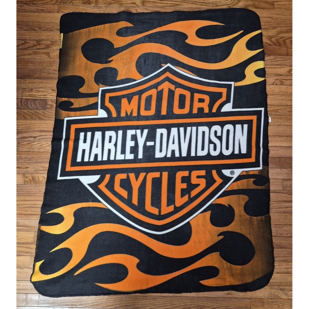 Vintage Harley Davidson Throw Blanket Orange Fleece 60x46 Flame Shield Logo